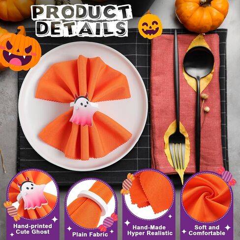 16 Pcs Halloween Napkins and Rings Set 8 Pcs Washable Halloween Napkins Cloth 8 Pcs Halloween Cute Ghost Napkin Rings Holder for Home Dinner Table Setting Halloween Party Supply in Saudi Arabia