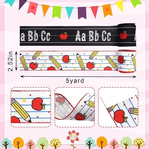Threetols 2 Rolls 10 Yards Back to School Wired Edge Ribbon, 2.5inch Colorful Number Burlap Ribbon, Apple Book Gift Wrapping Ribbon for First Day of School Party DIY Craft Teacher Wreaths Bow Decor in Saudi Arabia