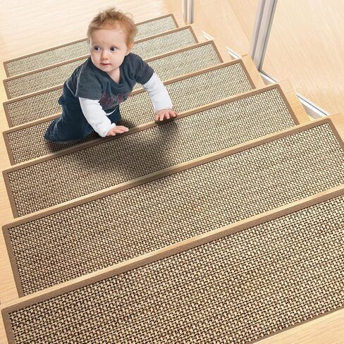 Stair Treads Non Slip, Carpet for Wooden Steps, Stair Runner Indoor for Kids Elders and Pets, Thicken Linen Surface with Self-Adhesive and Washable Backing, 15 PCS 8" X 30" Brown in Saudi Arabia
