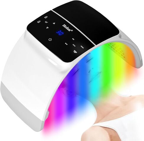 Holsn LED قناع الوجه العلاج بالضوء - 7 ألوان فوتون LED العلاج بالضوء للوجه والرقبة والجسم، قناع العلاج بالضوء الأحمر الاحترافي للوجه جهاز العلاج بالضوء المنزلي Solon Spa، الوقت المحدد مسبقًا ووضع الدورة in Kuwait