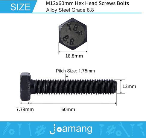 مسمار برأس سداسي M12 × 70 مم، سبيكة فولاذية درجة 8.8، لمسة نهائية من أكسيد الأسود، خيط كامل، مسامير رأس سداسية، الكمية 5 in Saudi Arabia