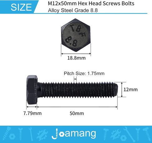 مسمار برأس سداسي M12 × 70 مم، سبيكة فولاذية درجة 8.8، لمسة نهائية من أكسيد الأسود، خيط كامل، مسامير رأس سداسية، الكمية 5 in Saudi Arabia