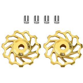 VGEBY Bike Derailleur Pulley, 2Pcs 11T/13T Bike Roller Ceramic Bearing Rear Pulley Wheel with Hole Adapter (11T-Golden)