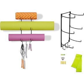 Yoga Mat Holder Wall Mount with Foam Roller Holder and Towel Rack- Yoga Mat Storage, Exercise Equipment Storage and Home Gym Decor - Includes Resistance Band