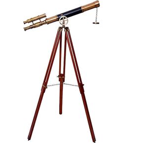 Nautical Handmade Double Barrel Antique Telescope Floor Standing with Wooden Tripod Home Decor Brass Finish & Brown