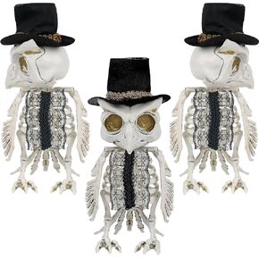 Lulu Home Halloween Decoration, 3 Packs 8.3" H Plastic Skeleton Owls Wearing Black Hats with Jointed Wings & Heads Rotating 360 Degrees for Tabletop Ornaments Indoor Outdoor Props