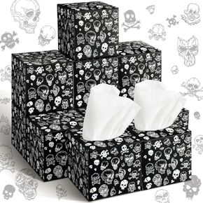 Bencailor 12 Pack Skull Facial Tissues Cube Boxes Skeleton Face Tissue Box 600 Sheets 3 Ply Square Halloween Tissues Box Cover Holder for Home Bathroom Office Car Accessories