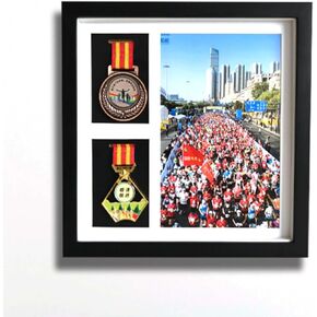 Marathon Medal Display Frame,2 Medal Display case,Medal Display Frame with Photo,Wooden Medal Shadow Box,for Marathon，Military，Blue Ball,Swim，Medal Frame Display(Black)