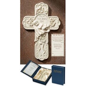 Bless This Baby Girl 7" White Resin Wall Cross with Deluxe Gift Box Religious Nursery Decor