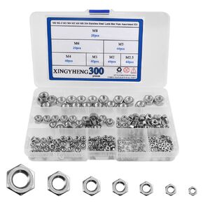 XINGYHENG 300pcs M2 M2.5 M3 M4 M5 M6 M8 304 Stainless Steel Hex Nuts Assortment Kit with Box