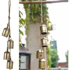 Shabby Chic Vintage Cow Bells, Small Brass Harmony Bell Set of 4, Metal Hanging Cowbells on Jute Rope, Handmade Rustic Decorative Christmas Bells for Door Decor, 3.94" H x 2.28" W x 24" L