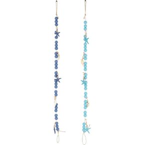Deco 79 Wood Handmade Long Beaded Garland with Tassel with Starfish and Shell Accents, Set of 2 2" W, 42" H, Blue
