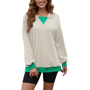 Womens Casual Crewneck Color Block Oversized Sweatshirt Hoodies Long Sleeve Pullover Tunic Tops Outfits Hooded