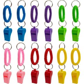 AFUNTA 12 Pack Whistle, 6 Colors Loud Plastic Whistle Stretchable Wrist Keychain Sport Whistle for Coaches, Refereeing, Footballing, Survival Emergency Training