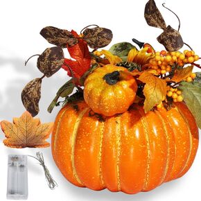vensovo 8 Inch Large Thanksgiving Pumpkins for Decorating - 1PCS Big Orange Foam Decorative Pumpkins with Light String and Bouquet, Orange Lighted Artificial Pumpkins Perfect for Fall Harvest Decor