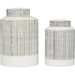 CosmoLiving by Cosmopolitan Ceramic Living Room Decorative Jars Striped Decorative Container, Set of 2 Jar with Lid 13", 11"H, White