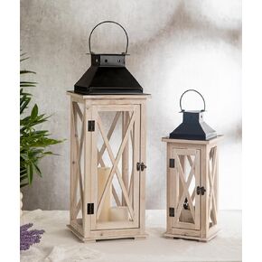 Large Farmhouse Wooden Decorative Lantern Set of 2, Rustic Distressed Brown Burnt Wood Floor Candle Lanterns, Indoor/Outdoor Hanging Lanterns for Home Decor (No Glass)
