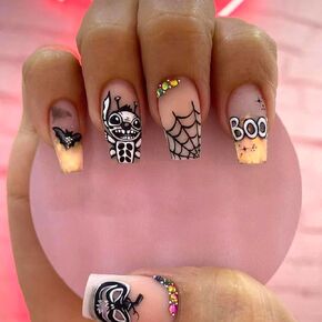 French Tips Nails Halloween Press on Nails Almond Black Orange Ghost Pumpkin Bat Fake Nails Medium Length Halloween Glossy False Nails Reusable & Natural Acrylic Stick on Nails Gel Nail Kits 24Pcs