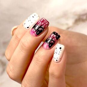 French Tips Nails Halloween Press on Nails Almond Black Orange Ghost Pumpkin Bat Fake Nails Medium Length Halloween Glossy False Nails Reusable & Natural Acrylic Stick on Nails Gel Nail Kits 24Pcs
