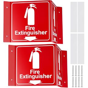 Soaoo 8 Sets 3D Fire Extinguisher Projecting Sign Acrylic Angle Rigid Arrow Down Fire Extinguisher Sign with Pre Drilled Mounting Hole, Screw with Washer Double Sided Tape for Indoor Outdoor Wall