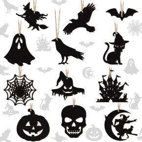 Tradder 36 Pcs Black Halloween Wooden Hanging Ornaments Wooden Pumpkin Ghost Witch Hat Spiders Bats Ornaments Halloween Wood Hanging Signs Halloween Wooden Decors with Rope for Halloween Party