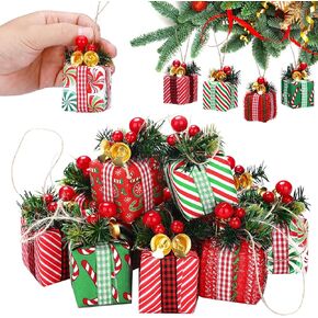 12 Pcs Christmas Tree Mini Gift Boxes Christmas Tree Ornaments Present Decoration Christmas Ornaments Pendant Decoration with Bells, Christmas Berries for Indoor Outdoor Xmas Tree Party Holiday Decor