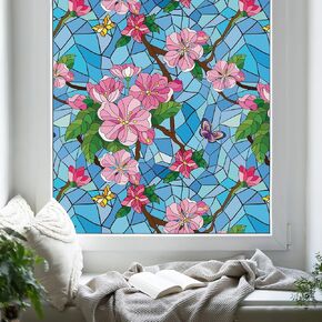 Window Film Privacy Floral Patterned Static Cling Decorative Film Stained Glass Window Film Frosted Window Film Removable No-Glue Films Vinyl for Kitchen, Bathroom (02, 17.7'' x 78.7'')