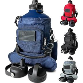 1 Gallon Water Bottle Insulated - 128 Oz Stainless Steel Metal Water Jug with Holder - | Carrying Bag | Spout Handle | Straw Lids | Keep Cold & Hot | - Black Tactical Flask