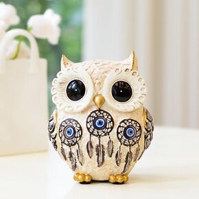 Owl Statue Home Decor Accents With Evil Eye.White Owl decor For Bookshelf,Bedroom,Living Room,Office,Table and Shelf.Vintage Owl Figurines Gifts For Owl And Birds Lover.Cute Small Animal Sculptures.