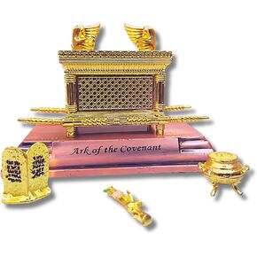 Mini Ark of The Covenant Gold Plated Figurine - 4.3" Table Replica of Sacred Chest with Aaron's Rod, Manna & Ten Commandments - Detailed Religious Decor