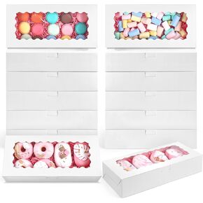 VGOODALL 8PCS Cookie Boxes with Window, 12" x 5.5" x 2.6" White Treat Boxes for Chocolates Strawberries Donuts Muffins Pastries Desserts， Bakery Boxes for Class Birthday Wedding Holiday