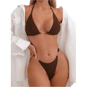 Women's Bikini Sets 2 Piece Pearl Triangle Tie Back Swim Suits Sexy Sleeveless Bathing Suit