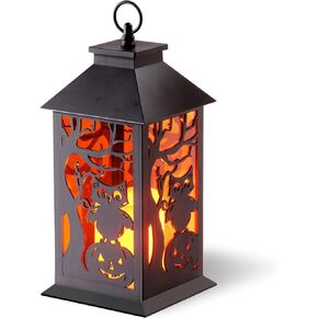 National Tree Company Halloween Lantern with LED Lights, Carved Images of Owls, Pumpkins, Leafless Trees , 12 inches