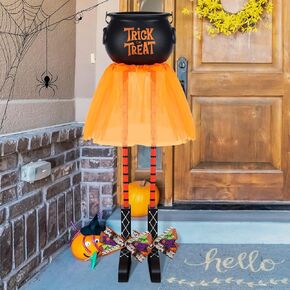 Witchs Cauldron Halloween Candy Bowl Witches Legs Candy Bowl Halloween Decorations Witch Trick or Treat Bucket with Ballet Tutu, Candy Holder for Halloween Front Door Porch Outdoor Indoor