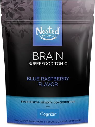 Nested Naturals Brain Superfood Tonic, Powder Drink Mix Supplement w/Lion’s Mane Mushrooms, Citicoline, Supports Memory, Mental Focus, Neuro Health, Mood, Raspberry Flavor, 30 Servings in Kuwait