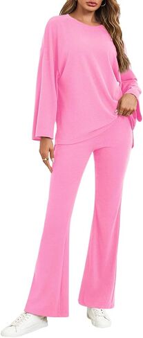 Tankaneo Womens Sets 2 Piece Outfits Long Sleeve Shirts and Flare Pants Travel Airport Matching Lounge Sets in Saudi Arabia
