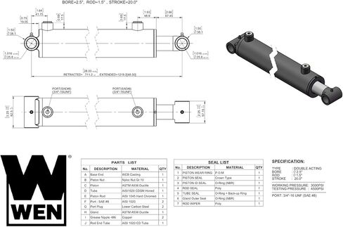 WEN WT2520 Cross Tube Hydraulic Cylinder with 2.5 Bore and 20-inch Stroke, Black in Saudi Arabia