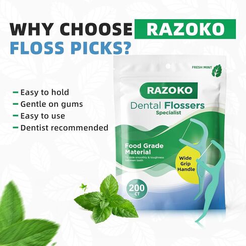 RAZOKO Dental Floss Picks | Toothpick, Extra Strong Flosser Pick, Fresh Mint Flavor, 75 Dental Floss Picks, Pack of 3 in Kuwait