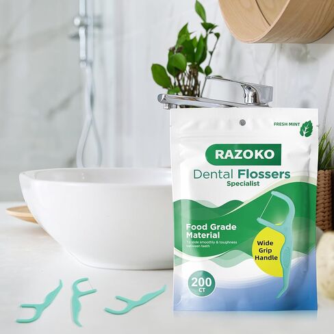 RAZOKO Dental Floss Picks | Toothpick, Extra Strong Flosser Pick, Fresh Mint Flavor, 75 Dental Floss Picks, Pack of 3 in Kuwait