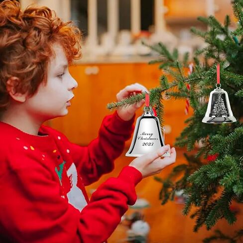 Christmas Bell, Gifts for Family, Silver Bells Christmas Decorations, 2023 Bell Ornaments for Christmas Tree, Xmas Tree Carving Christmas Bells with Ribbon & Gift Box in Saudi Arabia