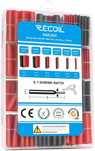 مجموعة متنوعة من أنابيب الانكماش الحراري المقاومة للماء من Recoil HSK200، 200 قطعة، نسبة انكماش 3:1، أنابيب مزدوجة الجدار، مبطنة بمادة لاصقة، 6 أحجام، ألوان حمراء وسوداء in Kuwait