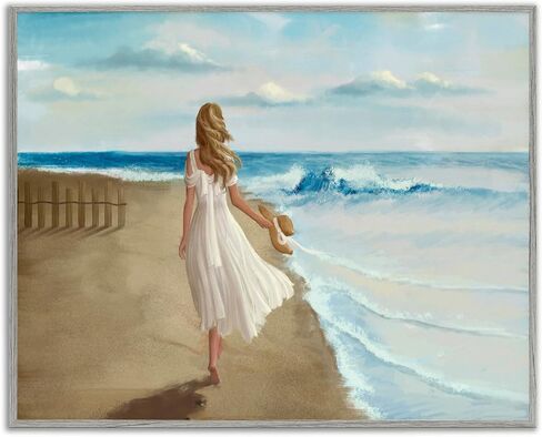 Stupell Industries Walk On The Beach Blue Ocean Painting, Design by Ziwei Li, 24 x 30, Grey Framed in Saudi Arabia