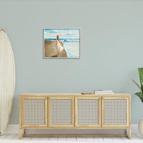 Stupell Industries Walk On The Beach Blue Ocean Painting, Design by Ziwei Li, 24 x 30, Grey Framed in Saudi Arabia