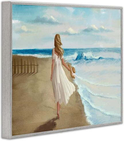 Stupell Industries Walk On The Beach Blue Ocean Painting, Design by Ziwei Li, 24 x 30, Grey Framed in Saudi Arabia