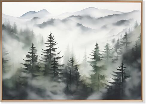 Induslyfe Framed Wall Art Decor Classical Oil Painting Canvas Prints Landscape Wall Art Cloud and Pine in Winter Snow Sage Green Vintage Wall Art for Home Bathroom Living Room Kitchen 24x36in in Saudi Arabia
