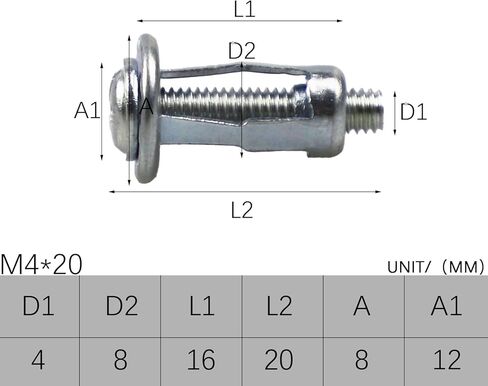 40 قطعة M4x20 جاك دواسة الجوز صواميل توسيع من الفولاذ المقاوم للصدأ، براغي تثبيت رفيعة، برغي توسيع صواميل البتلة الملولبة للجدار المجوف، جدار ناعم رقيق in Kuwait
