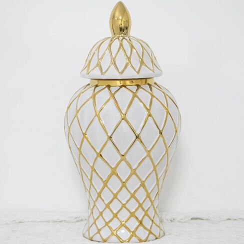 Decorative Ginger jar, Ceramic Ginger jar with lid, Suitable for Farmhouse Tabletop, Wedding Decoration, Office, White and Gold(Lager) in Saudi Arabia