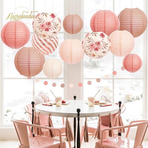 NICROLANDEE Wedding Party Decorations - 12PCS Rose Gold Vintage Floral Paper Lantern Hanging Decorations for Bridal Shower Anniversary Baby Shower Bachelorette Birthday, Valentines Day Party Decor in Saudi Arabia