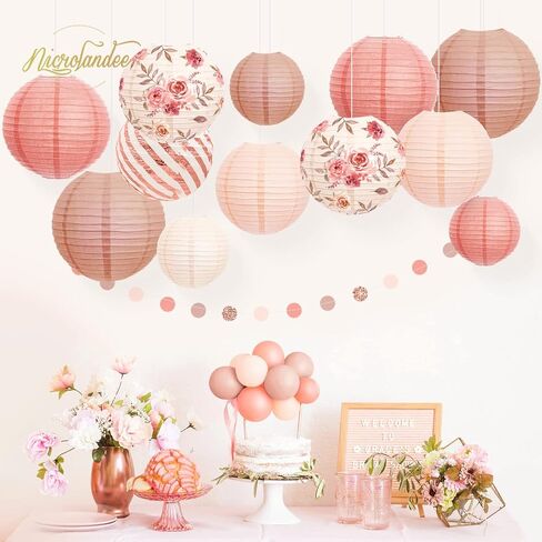 NICROLANDEE Wedding Party Decorations - 12PCS Rose Gold Vintage Floral Paper Lantern Hanging Decorations for Bridal Shower Anniversary Baby Shower Bachelorette Birthday, Valentines Day Party Decor in Saudi Arabia