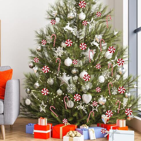 CCINEE 49 Pcs Christmas Candy Cane Hanging Ornaments Xmas Plastic Peppermint Candy Lollipop Tree Decorations with Ropes for Christmas Party Supplies Indoor Outdoor Decor(White and Red) in Saudi Arabia